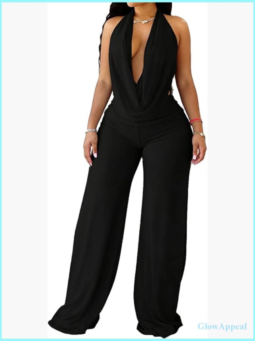 Sheer Mesh Halter Deep V Neck Backless Top Wide Leg Long Pants 2pc Set